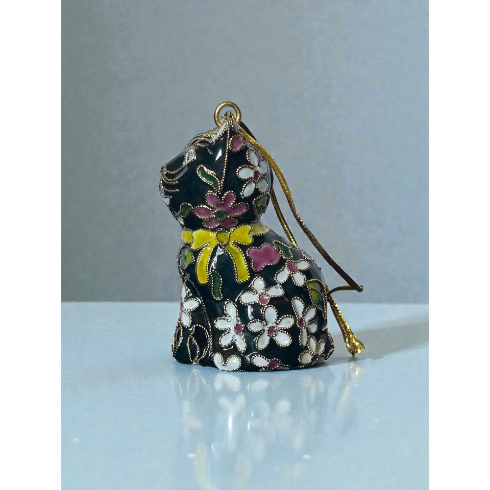 Vintage Cloisonne Enamel Cat Ornament Black Floral Gold Wire Filigree Figurine - Picture 3 of 6